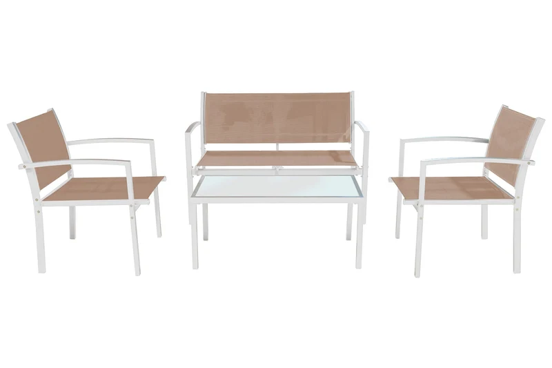 Set da Giardino Divano 2 Poltrone e Tavolino in Acciaio Taupe