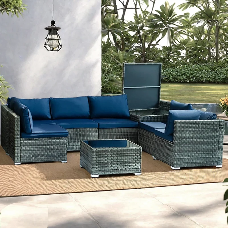 Set Salotto da Giardino per Patio 8 Pezzi Tavolo con Piano in Vetro in Polyrattan Blu