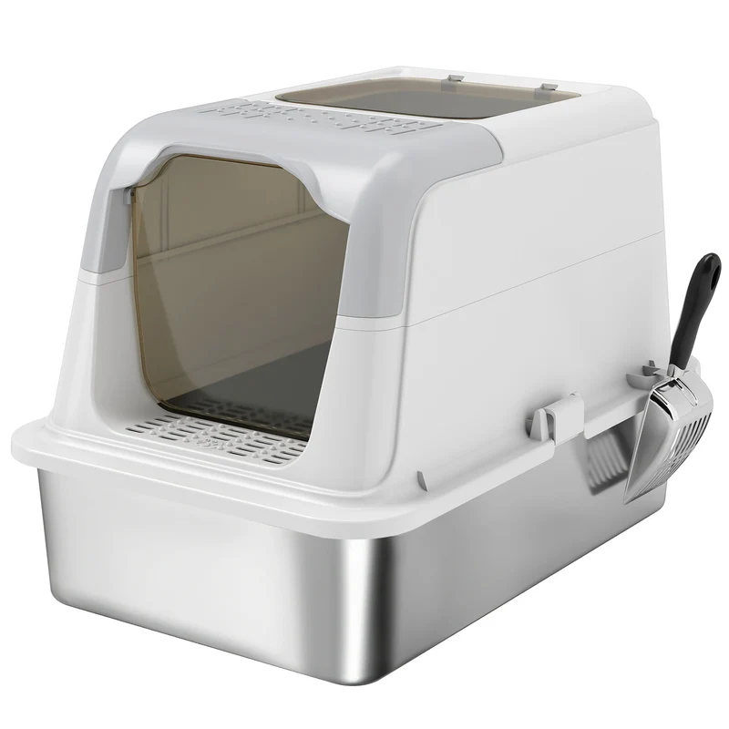 Lettiera Chiusa per Gatti a 2 Porte 60,4x40,4x41,8 cm Vaschetta in Acciaio Inox Bianco