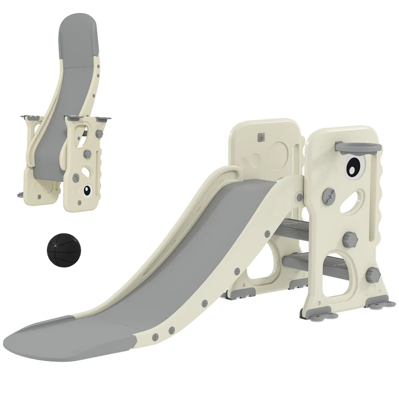 Scivolo per Bambini Pieghevole 146x52x65 cm con Canestro e Palla in PP e HDPE Grigio e Crema