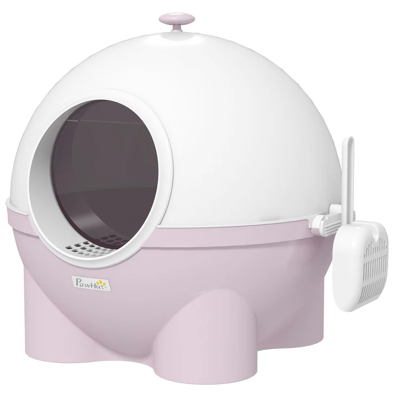 Lettiera Chiusa per Gatti 53x51x48 cm Rotonda con Uscita Raccogli Sabbia in PP e PC Bianco e Rosa