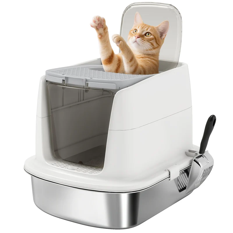 Lettiera Chiusa per Gatti a 2 Porte 52,4x41,3x39,8 cm Vaschetta in Acciaio Inox Bianco