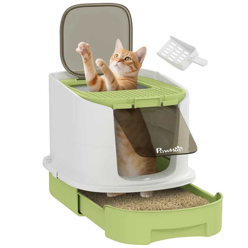 Lettiera Chiusa per Gatti a 2 Porte 40,5x52,5x42,5 cm con Vassoio Estraibile Paletta e Filtri Verde e Bianco
