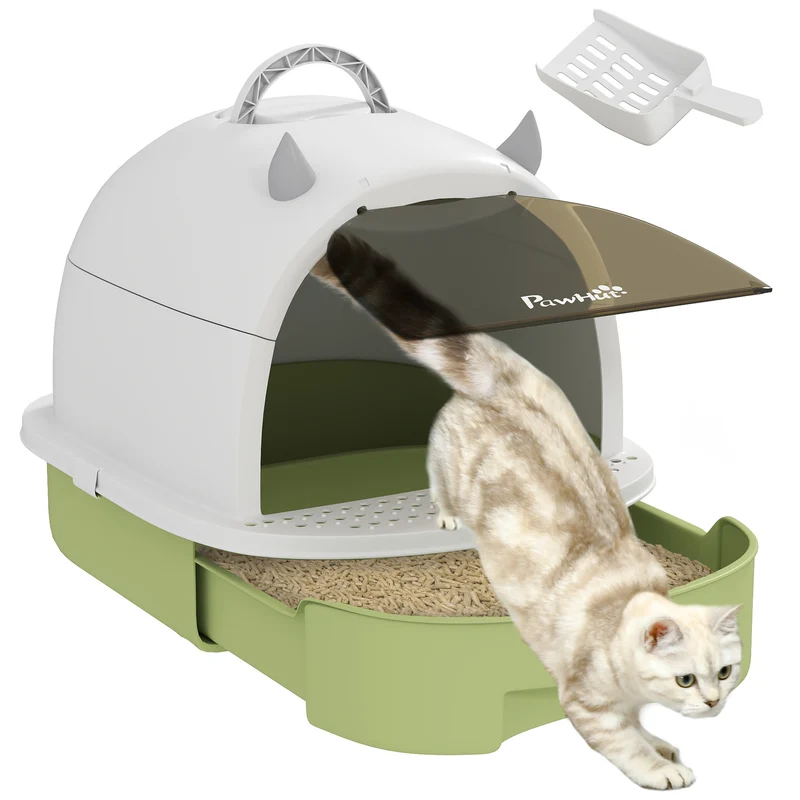 Lettiera Chiusa per Gatti 40,5x52x39 cm con Vassoio Estraibile Paletta e Filtri Verde e Bianco