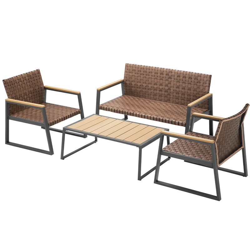 Set Salotto da Giardino Tavolino 2 Poltrone e Divano in Polyrattan Marrone