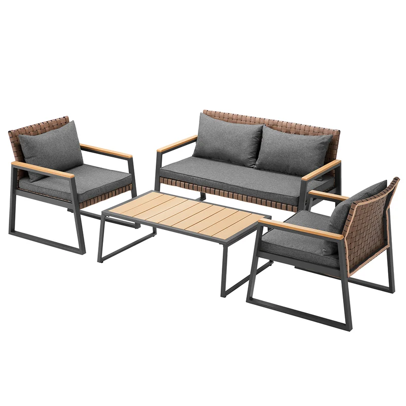 Set Salotto da Giardino Tavolino 2 Poltrone e Divano in Polyrattan con Cuscini Grigio e Marrone
