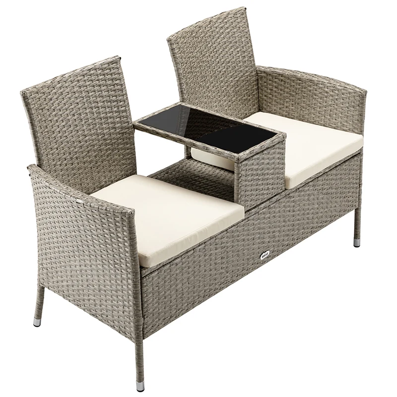 Panca da Giardino con Tavolino Integrato 123x54x 82,5 cm in Polyrattan e Vetro Crema