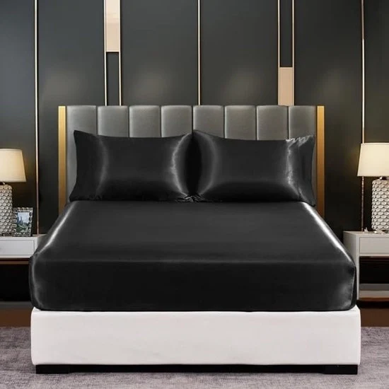Set di lenzuola per letto - 198x203cm - con tasca profonda 36cm - tessuto satino - lenzuola aderenti - incolori - impermeabili - completamente elastici - set di lenzuola per letto - inclusi 2 cuscini - 51x102cm - colore nero - 198*203+36cm