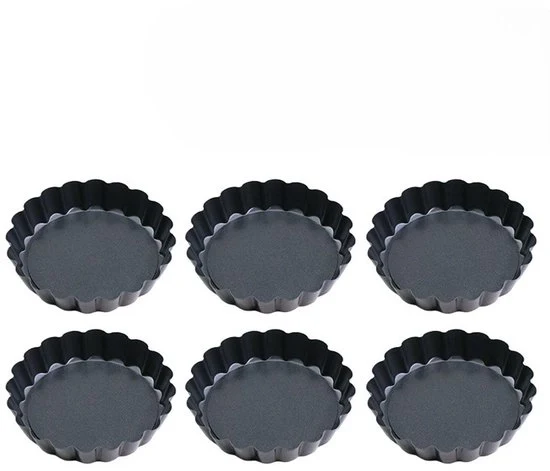 Set di 6 stampi per torte antiaderenti con fondo separabile, stampi per torte con canali per la fuoriuscita del grasso, forme per quiche di 10 cm, torte con fondo separabile e rimovibile - nero - 4 pollici