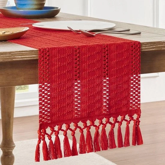 Tavolino di cotone e lino in stile boemo - 30 x 200 cm Tavolino rustico in stile campagna - Decorazione tessuta per la campagna - Tavolino con spilloni intrecciati - Ideale per un tavolo da giardino o un vassoio da tè