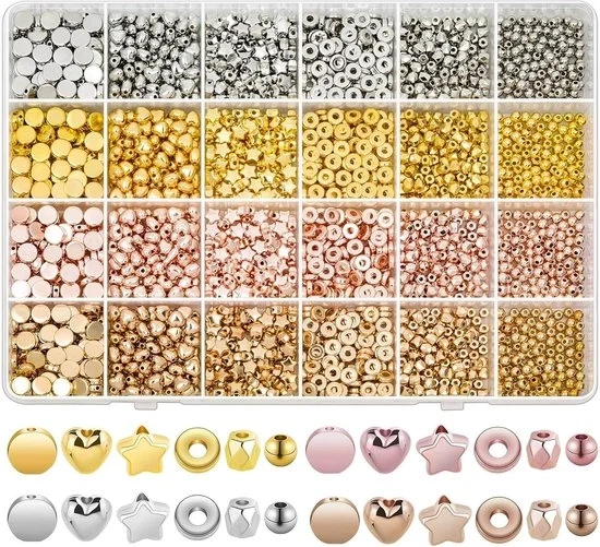 Set di 2160 pezzi di Semi di allacciamento, Semi di crimp per la creazione di gioielli con perle, Diverse perle tondeggianti stellari dorate per la creazione di gioielli, collane, cavi di cellulare e bracciali per ragazze
