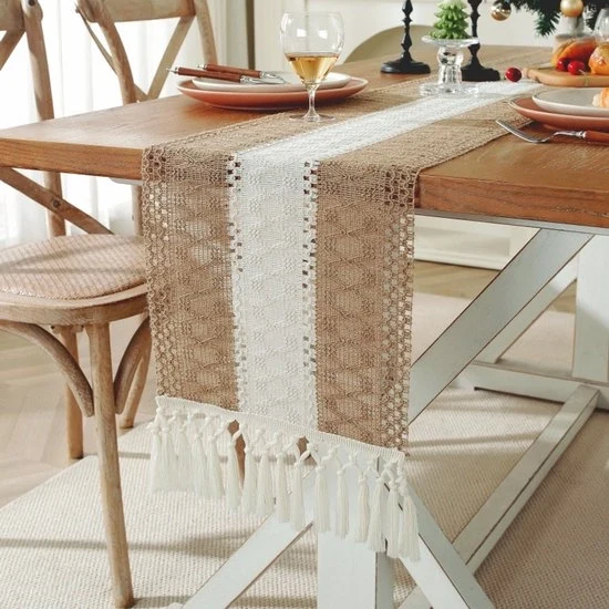 Tavolo da servizio in tessuto a due tonalità stoffato - 30x183cm tavolo da servizio neutrale in stile bohemiano - decorazione di stoffa per la casa - adatto per la decorazione di tavoli, matrimoni, feste e decorazione di tavoli da capotavola