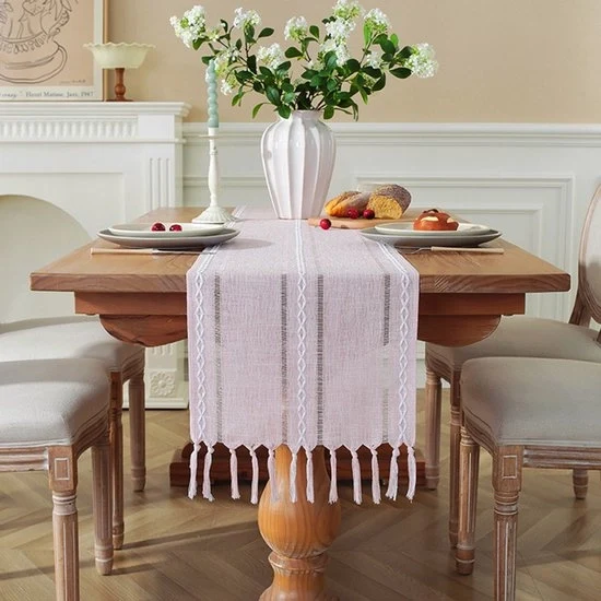 Tavolo da pranzo a strisce con copertura di stoffa - Tavolo da pranzo a strisce con copertura di stoffa con punti decorativi e pennelli - Tavolo da pranzo bohemien a strisce con copertura di stoffa - Dimensioni 33x183cm