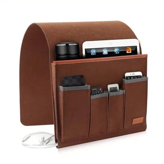 Tas di stoccaggio per il divano - Tas di stoccaggio per il comodino in velluto - Tas di stoccaggio per il comodino con telecomando - 5 tasche - Tas di stoccaggio laterale per il bracciolo - Può contenere riviste, tablet e smartphone - 32x25x5cm - marrone