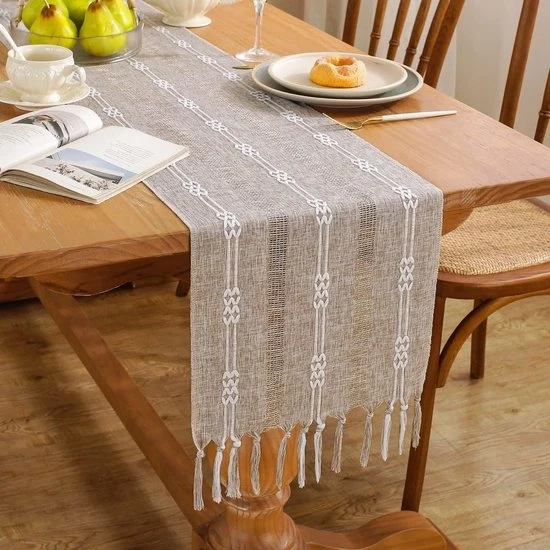 Tavolo rustico con pennelli in stile bohemiano - Decorazione da tavolo rurale a strisce - Tavolo rustico con bordo a punto di pennelli - Ideale per decorazione di festa e ristorante (33x275cm)