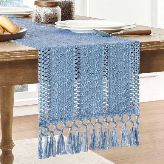 Tavolino in stile boemo con tessuto di cotone-lino-polyester mix e lino - 30 x 160 cm Tavolino rustico in stile rurale - Decorazione per tavolo in tessuto - Tavolino con ciuffi di spazzola - Ideale per un tavolo da giardino o un vassoio da tè