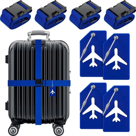 Set di cinture per bagagli 8 pezzi - 4 cinture per valigie regolabili - 4 etichette per bagagli in silicone con carte di identificazione - cinture per bagaglio - cinture per valigie - accessori per viaggio - Blu scuro