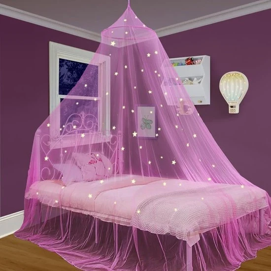 Tenda da letto - 60x250x1250cm Tenda a cupola appesa - con stelle luminose fluo - Tenda per casa - Ideale ombrello per lettini e materassi - Facile da montare - Adatta per uso interno ed esterno