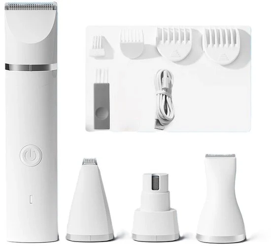 Tondeuse per cani professionale 4 in 1: pettofondeuse stazionaria IPX7 impermeabile, kit di pet grooming senza fili con cavo USB ricaricabile per gatti e altri animali domestici (bianco)