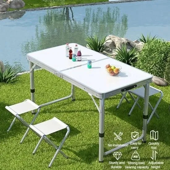 Tavolo da picnic esterno pieghevole, tavolo da picnic pieghevole trasportabile per spazi ristretti, lega di alluminio, altezza regolabile, tavolo espandibile e spazievendente, progetto di design pieghevole rapido per campeggio