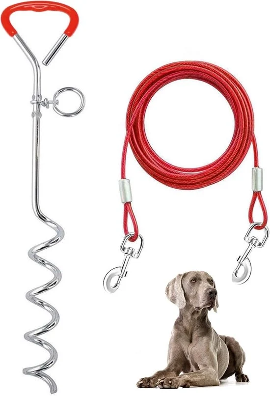 Cavo e palo per cani, esterno, giardino e campeggio, per cani di taglia media a grande fino a 57 kg, palo 16", cavo di 32/30/25/20/16/15/10/6 m con molla in materiale resistente e ganci metallici per esterno (9,1 m) - rosso - 30 ft