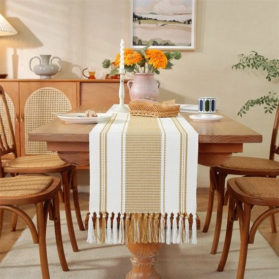 Tavolo da pranzo in cotone e lino con pennelli - 35x228cm Tavolo da pranzo semplice con tessuto ruvido - Tavolo da pranzo quotidiano - Leggero e duraturo - Lavabile - Ideale per feste di campagna, esterno, matrimoni, festività
