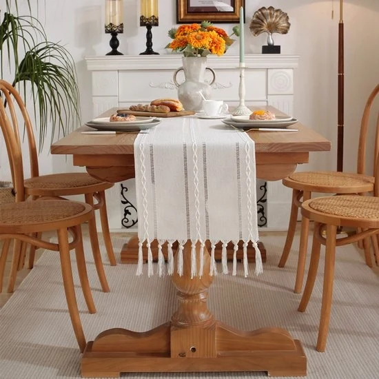 Tavolo da pranzo a strisce 33x200cm - Tavolo da pranzo bohemien rurale - Tavolo da pranzo jacquard in rilievo - Tavolo da pranzo a mano con palline per festa, Natale, cucina, tavola da pranzo, compleanno.