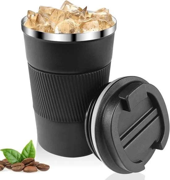 Tazza da caffè isolata - 510 ml - tazza da caffè riutilizzabile - borsa acqua isolata in acciaio inox - tazza da caffè portatile - coperchio ermetico - adatto per auto, esterno, picnic, ufficio - Nero - 16.5*7cm