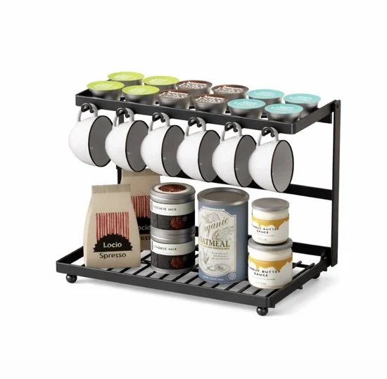 Sostegno per tazze da caffè in metallo a 2 livelli con 6 ganci, organizzatore per bar da caffè, 30 cm, nero