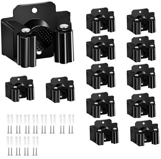 Houder per scopa da parete - Supporto per attrezzi - Supporto per attrezzi da giardino in acciaio inossidabile - Supporto da parete per scopa - Con viti - Cassetto di stoccaggio per cucina, casa, bagno, garage (12 nero)