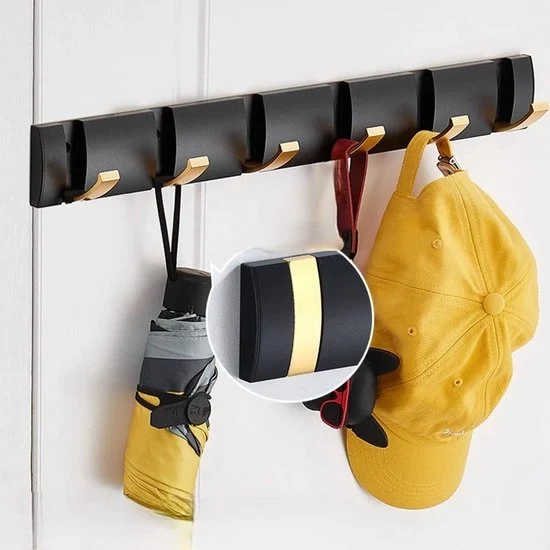 Capocassa adesiva alla parete, porta oscillante, capocassa con ganci estensibili, grucce in alluminio spazieripiene, barra a ganci per ingresso, bagno, cappello, asciugamano - Nero Oro-6 ganci
