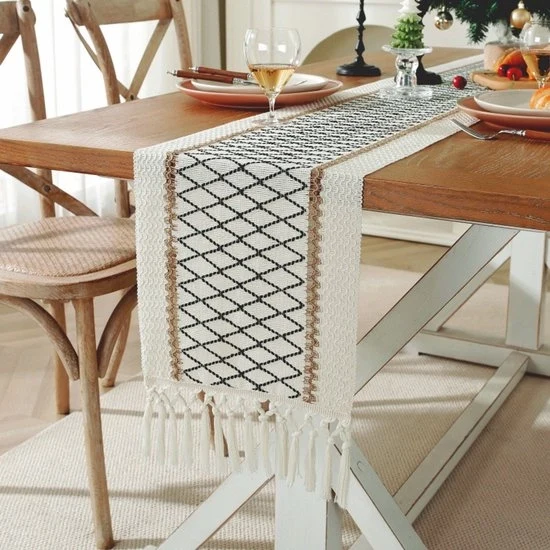Telaio per tavola in lino di cotone con disegno a griglia - 30x240cm - tovaglia per tavola bohemien neutrale - decorazione per la campagna - ideale per la decorazione della tavola, matrimoni, feste e decorazione della testiera del letto