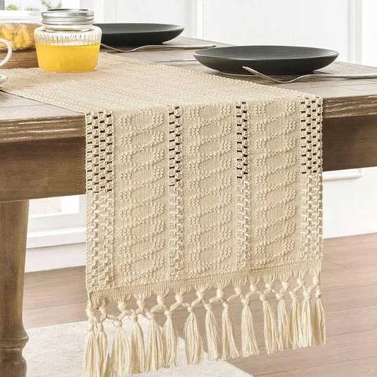 Tavolino di cotone e lino in stile boemo - 30 x 400 cm Tavolino rustico in stile rurale - Decorazione tessuta per la campagna - Tavolino con nastri di spazzola - Ideale per un tavolo esterno o un angolo da tè