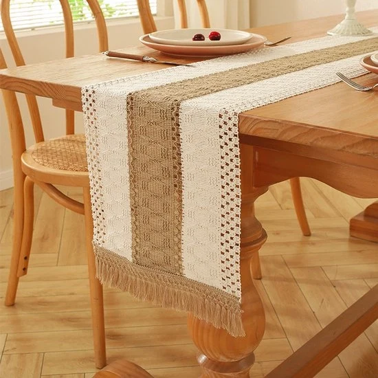 Tavolo da pranzo in stile boemo con pennellini - tavolo da pranzo con tessuto a rete - tavolo da pranzo con tovaglia da tavola in stile rustico - adatto per la tavola da pranzo in primavera, arredamento per la casa - 30x228cm