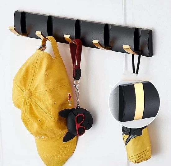 Capocassa da parete, porta battente, capocassa con ganci estensibili, grucce in alluminio spazieripiene, barra a ganci per ingresso, bagno, cappello, asciugamano - Nero Oro-5 ganci