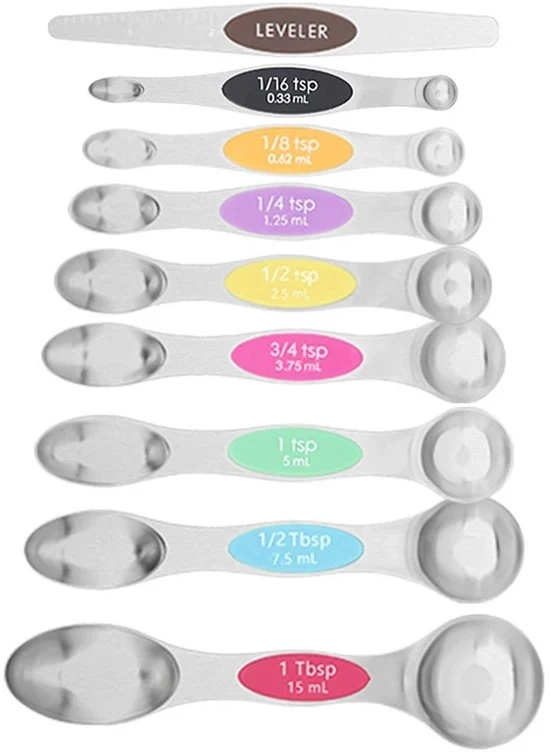 Set di misurini magnetici in acciaio inox con magneti, utensili da cucina robusti in metallo per la cottura e la preparazione, si adatta a quasi tutti i contenitori di spezie in cucina, multicolore, set di 9 con livella di acqua.