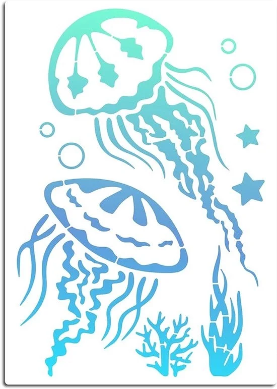 Stampo per pittura - Decorativo - Grande formato - Oceaanthema - Hobby creativo - Riciclabile - Pesci - Adatto per vernice per pareti - Decorazione per pareti blu con alghe marine e animali marini - Stampo quadrato con disegni a rilievo