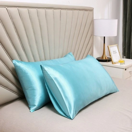 Cuscino da letto a doppia faccia in seta - morbido e soffice - chiusura a sacco - antimacchia e ipoallergenico - protegge capelli e pelle dalle rughe - 51x91cm - Blu celeste
