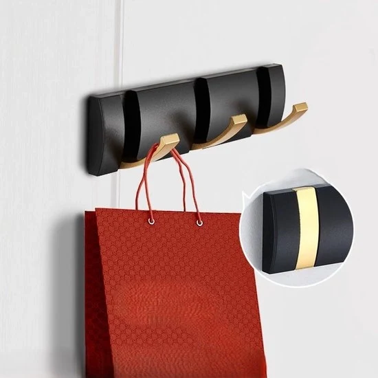 Capocassa adesivo alla parete, porta oscillante, capocassa con grucce estensibili, grucce spaziaminimizzanti in alluminio, barra a ganci per ingresso, bagno, cappello, asciugamano - Nero Oro-3 ganci