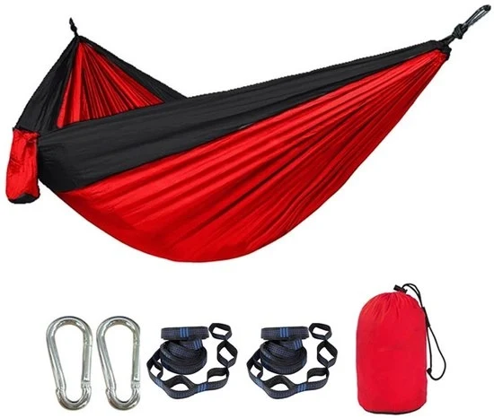 Hangmat da camping leggera, materassino da campeggio portatile con due cinghie per albero, oscillazione singola o doppia - materassini per campeggio in nylon, accessori da esterno per escursioni e trekking - Rosso Nero