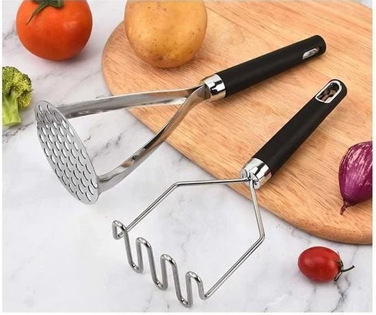 Set di due stampatori di patate, 10,25 pollici stampatore di patate in acciaio inossidabile, Strumenti da cucina Professionale con grattugia integrata, per verdure, frutta, melone, patate e simili, nero