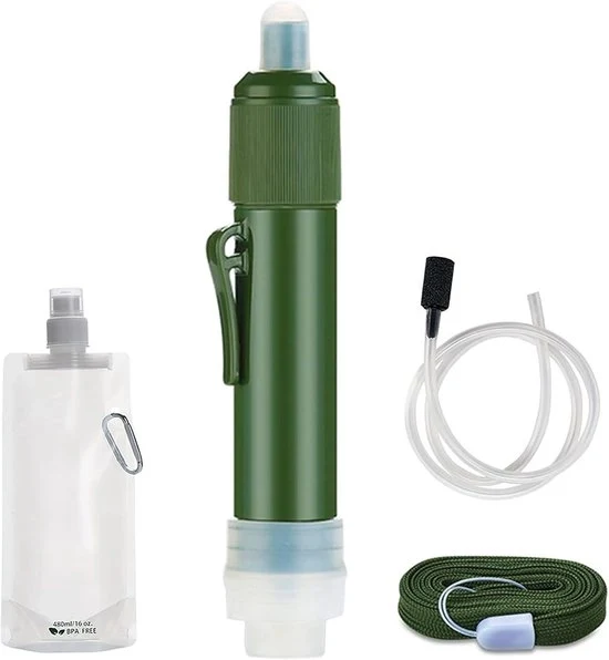 Filtro portatile per acqua, purificatore di emergenza con sacco da bere e set di filtri, sistema di filtrazione a 3 livelli, filtro acqua ideale per campeggiare all'aperto, escursioni, viaggi e trekking