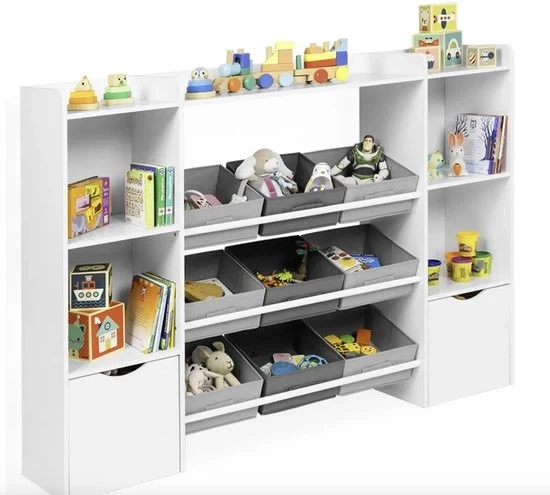Cassettone per bambini con 7 pannelli, 6 contenitori di stoffa e 2 cassetti ruotanti in cubo – Bianco – 140 x 30 x 100 cm