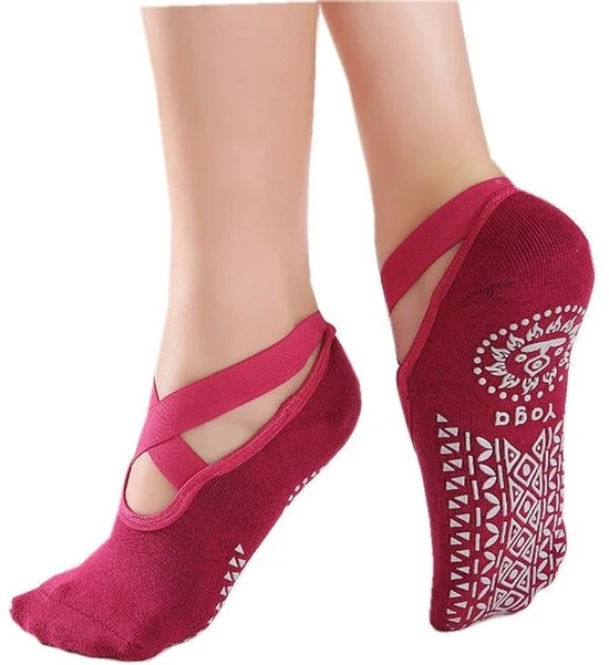 Sfreganti per yoga per donne, calze con cinque dita e strisce antislip per pilates, balletto, danza, esercizi e fitness (2 paia, taglia 35-39) - rosso