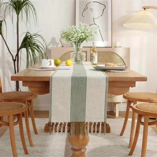 Tavoliera boho, stile rurale, crème, decorazione da tavola rimovibile, accessori per tavola, decorazione per festa, compleanno, festival, matrimonio, Tre strisce verde chiaro, 33x275cm