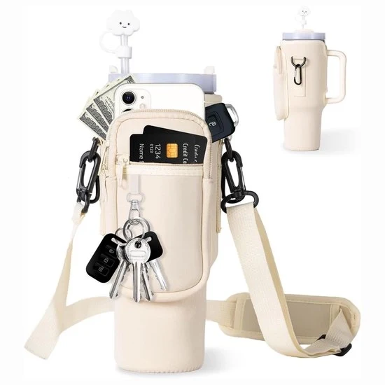 Otturatore di bottiglia d'acqua - con cinturino e tasca GSM - otturatore di bottiglia d'acqua isolato - bottiglia d'acqua - tasca per bottiglia d'acqua in neoprene - 25x10cm Ospite per bottiglia d'acqua all'aperto - adatto per bottiglie d'acqua da 40 oz