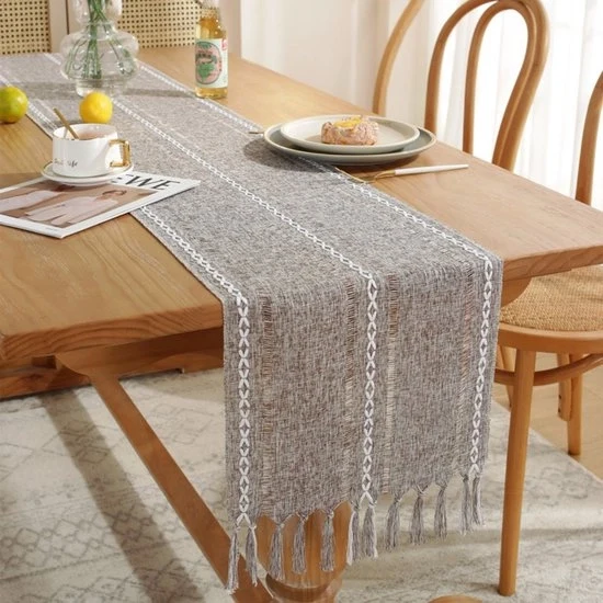 Tavolo da pranzo a quadri con pennelli - Tavolo da pranzo a quadri con decorazione a maglia e pennelli - Tavolo da pranzo bohemien in stile rurale a quadri - Per festa, Natale, cucina, tavola da pranzo, decorazione di tavola per compleanni - 33x92cm