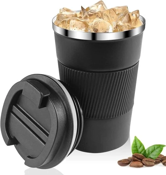 Tazza per caffè da 380 ml senza spreco, realizzata in acciaio inossidabile 304, doppio strato isolante, riciclabile per caffè, acqua e tè, nera