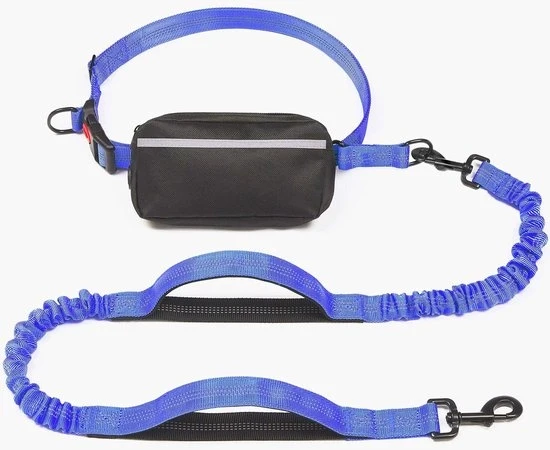 Cintura per cani senza mani con taschetto di chiusura, maniglie imbottite e cintura in elastomero per il passeggio, la corsa e la corsa con il proprio cane (11,3-54 kg) - Blu Reale