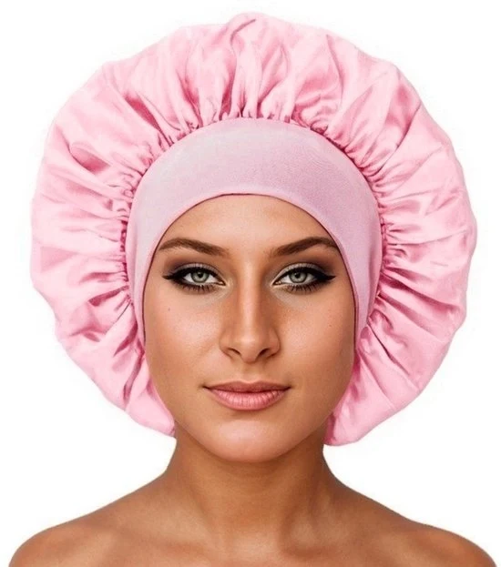 Capelli Satin - 2 pezzi - Copricapo satin per capelli - Banda elastica alta con bordo largo - Capo doccia per capelli - Capo per cura dei capelli regolabile - Copricapo per capelli elastico (30x30cm) - rosa